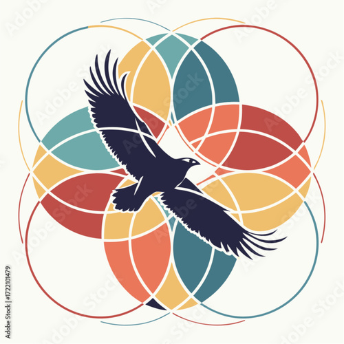 A dark eagle silhouette soars over a colorful geometric pattern of overlapping circles creating a modern symbolic emblem with a retro color palette.