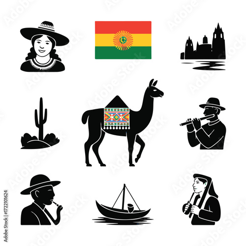 Collection of bolivian cultural symbols including a llama traditional clothing and iconic landmarks in a silhouette style