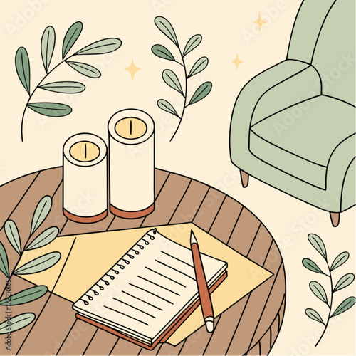 Cozy Round Wooden Table with Candles Notebook and Pencil Illustration.