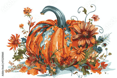 Autumn harvest pumpkin adorned with colorful flowers and leaves a beautiful seasonal decoration illustration