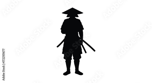 Silhouette of a warrior in traditional garb with swords depicted