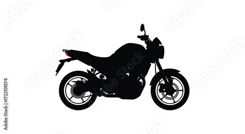 A dark silhouette of a modern motorcycle is prominently displayed