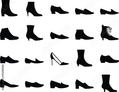 Women’s shoe silhouettes, boots, heels, loafers, lace-up shoes, fashion footwear, black vector icons, stylish design, elegance, variety, collection