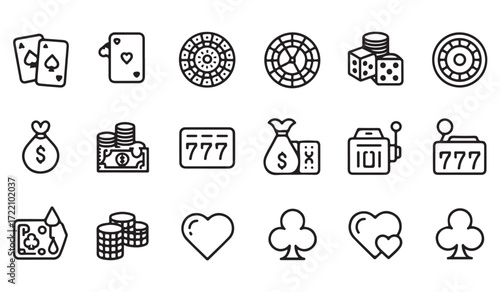 Gambling and casino vector icon set, line art illustrations of poker, slots, roulette, and dice symbols