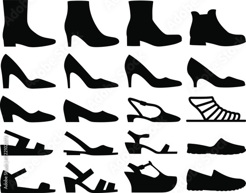 Women’s shoe silhouettes, boots, heels, sandals, flats, wedges, fashion footwear, black vector icons, stylish design, elegance, variety, collection