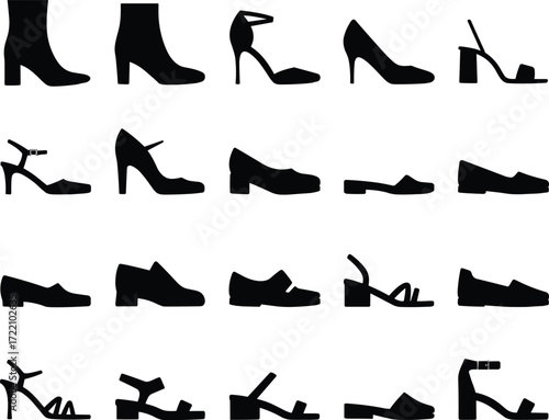 Women’s shoe silhouettes, high heels, boots, sandals, flats, fashion icons, footwear design, black vector shapes, style, elegance, variety
