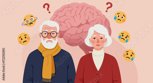 Elderly couple facing memory loss and confusion with brain and emotional icons around