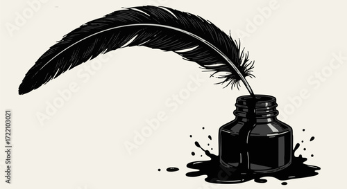 Elegant quill pen resting in an inkwell with ink spills on a cream colored surface