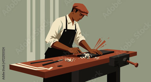 Craftsman carefully planes wood at workbench in vintage workshop illustration