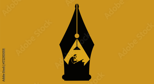 Silhouette of writer working at desk inside a pen nib on a golden background