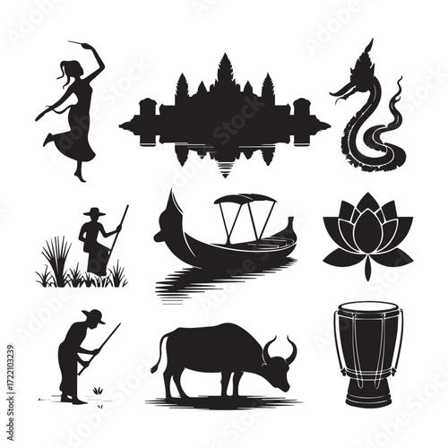 Collection of southeast asian cultural icons and symbols in black silhouette on a white background representing tradition and heritage