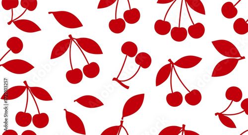 Red cherries with leaves scattered on a black background creating a seamless pattern