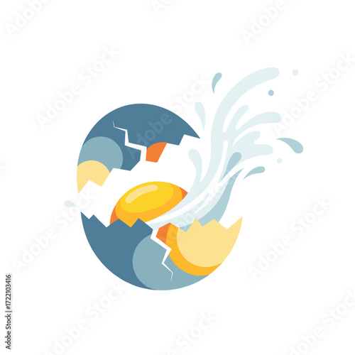 Cracked egg with yolk and splash of water in vibrant colors  