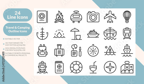 Travel and vacation line icons. Minimal tourism, trip, transport, beach, camping, cruise, hotel, flight, map, backpack, and holiday vector set for web, app, print, infographic, and branding design