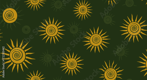 Golden suns with spiral centers scattered on a dark green background creating pattern