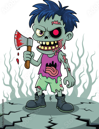 Zombie cartoon, blood axe, exposed organs, green skin, horror character, Halloween design, spooky pose, stitches, vector art, cracked ground