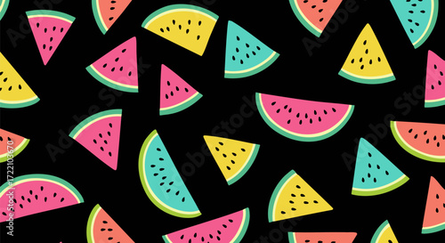 Colorful watermelon slices scattered on a black background creating a fun pattern