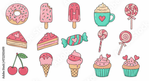 Sweet treats collection featuring donut ice cream cake and candy in pink tones