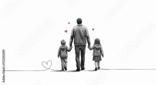 Father walks hand in hand with his children love and family bond illustration