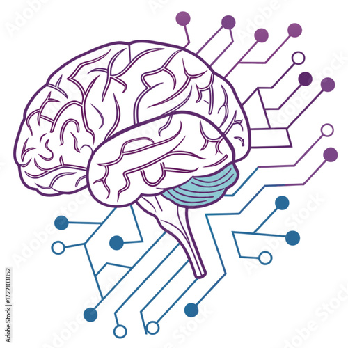 Stylized human brain illustration with integrated purple and blue digital circuit board lines.