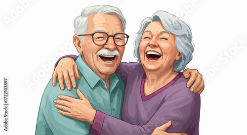 Elderly couple embraces and laughs joyfully expressing love and happiness together