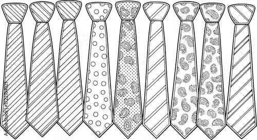 set of tie line art, black outline, vector and illustration, coloring book page line art drawing
