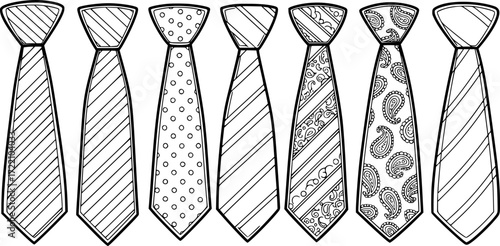 set of tie line art, black outline, vector and illustration, coloring book page line art drawing
