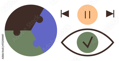 Puzzle globe for unity, playback icons for control, eye with checkmark for insight. Ideal for sustainability, decision-making, vision, awareness, progress strategy. Simple flat metaphor
