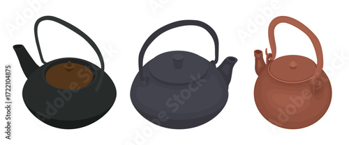 Set of traditional Japanese teapots - hand drawn isometric vector illustration.