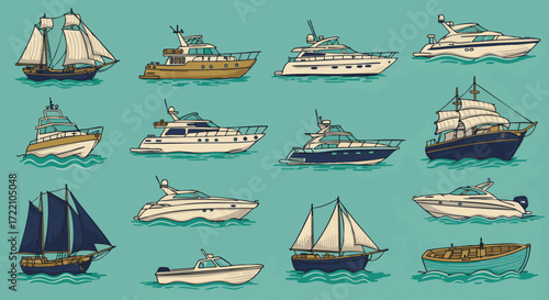 Collection of various boats and ships rendered in a vintage illustration style on a teal background