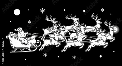 Santa Claus's sleigh, pulled by reindeer, flying through a snowy night sky.