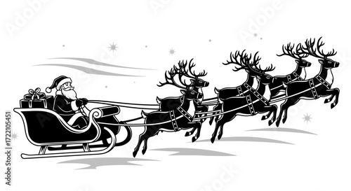Santa Claus in his sleigh, pulled by reindeer, flying through snowy air.