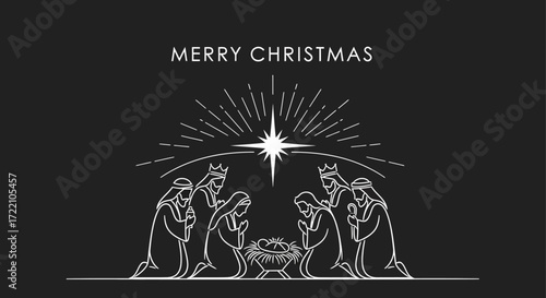 A minimalist Christmas card design featuring the Nativity scene, star, and greeting.