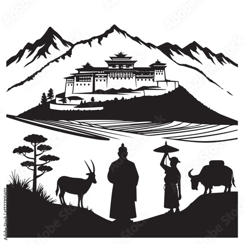 Silhouette of traditional bhutanese dzong fortress on hilltop with majestic mountains and cultural figures in foreground