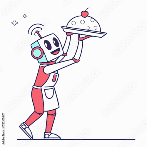 Robot Waiter Serving a Dotted Cake with Cherry Topping on a Tray.