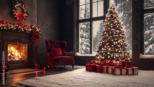 A cozy Christmas living room with a fireplace, a decorated tree, and gifts, snow falling softly, and a blazing fire. A perfect backdrop for New Year's and Christmas celebrations, cozy winter evenings