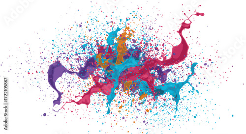 A vibrant explosion of multicolored paint splashes, creating an abstract artistic expression of dynamic color and movement