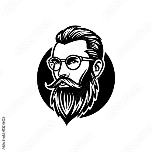 Detailed bearded man’s head in tattoo style line art, representing craftsmanship, artistry, and alternative culture branding.
