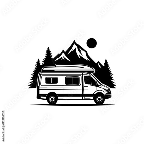 Camper van parked by mountains and pine trees, symbolizing road trips, van life, and outdoor exploration.