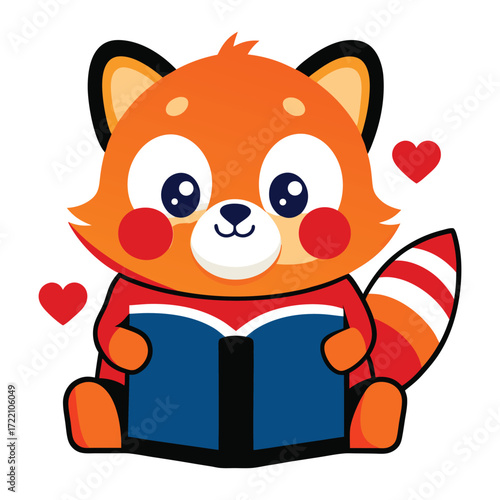 Cute cartoon red fox character reading a book with hearts isolated on white background