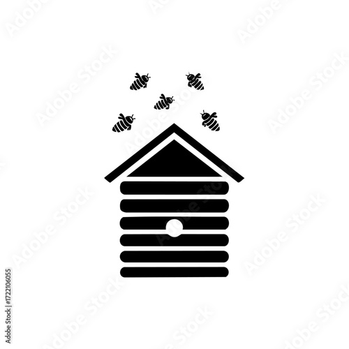 Beehive with buzzing bees overhead, representing agriculture, pollination, and natural balance.