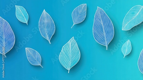   A cluster of blue foliage drifting atop a blue water backdrop, with a white leaf silhouette on the right side of the photo