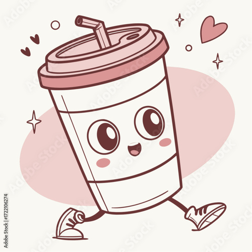 A cheerful walking cartoon to-go cup with a cute kawaii face lid and sneakers.