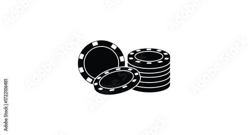 Black and white illustration of casino chips stacked and scattered around