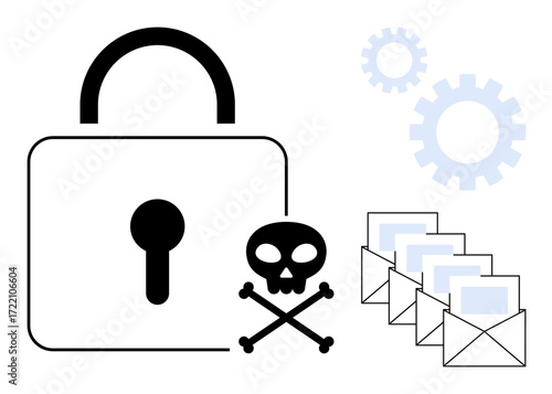 Padlock symbolizing cybersecurity, skull for malware, multiple emails, and gears for processes. Ideal for security, technology, hacking, data protection privacy malware and threats. Simple flat