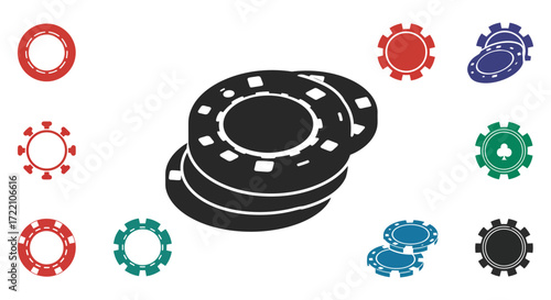 Colorful casino chips arranged in a variety of stacks and single pieces