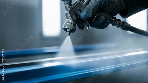 Close‑up of gloved hand with pneumatic spray gun coating a long metal edge, blue mist and overspray in cool workshop light; spray painting safety, metal finishing guide, overspray control tips