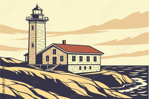 Beavertail Lighthouse in Jamestown, Rhode Island, sturdy stone tower standing on rugged Atlantic headland