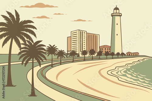 Biloxi Beach in Mississippi, sandy shoreline with lighthouse and casinos along road
