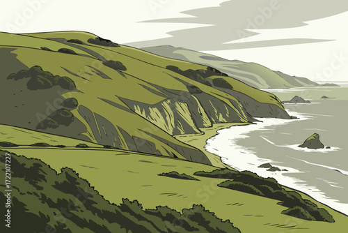 Big Sur Coastal Meadows in California, grassy bluffs overlooking dramatic Pacific coastline